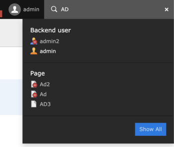 Search modal dialog shows a list of search results from the types "Backend user" and "Page"